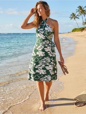 Piace Green Tropical Floral Halter Tie-Waist Sundress L Rayon Knit Beach Coverup